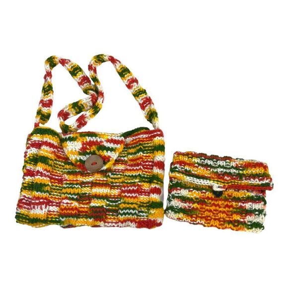 MCM Boho Crochet Purse and Coin Pouch Set Handmade Knit Shoulder Bag Wallet Set - Picture 1 of 11